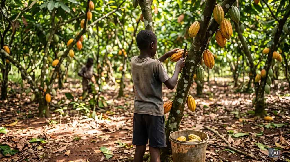 An AI-generated image of a young boy viewed from behind, using a blade to harvest a yellow cacao pod from a tree in a plantation.